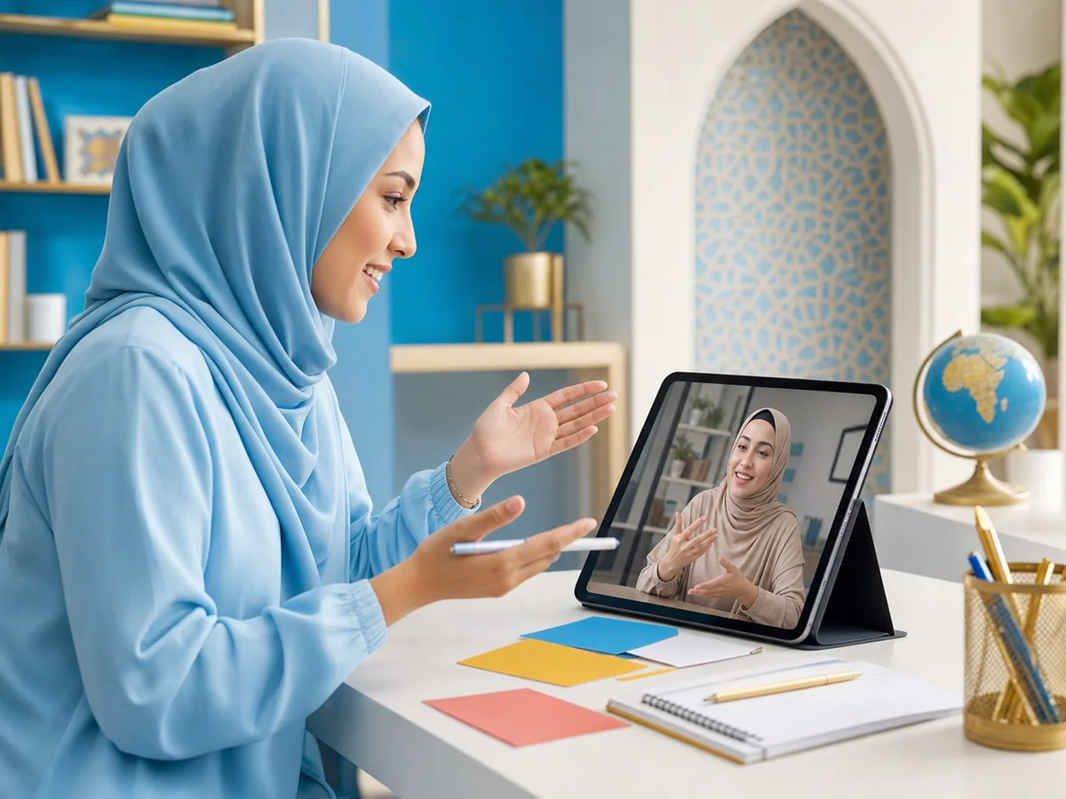 Adult learner speaking Arabic during an interactive online lesson