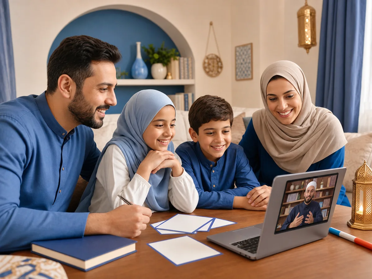 Muslim family learning Islamic Studies together in a live online class