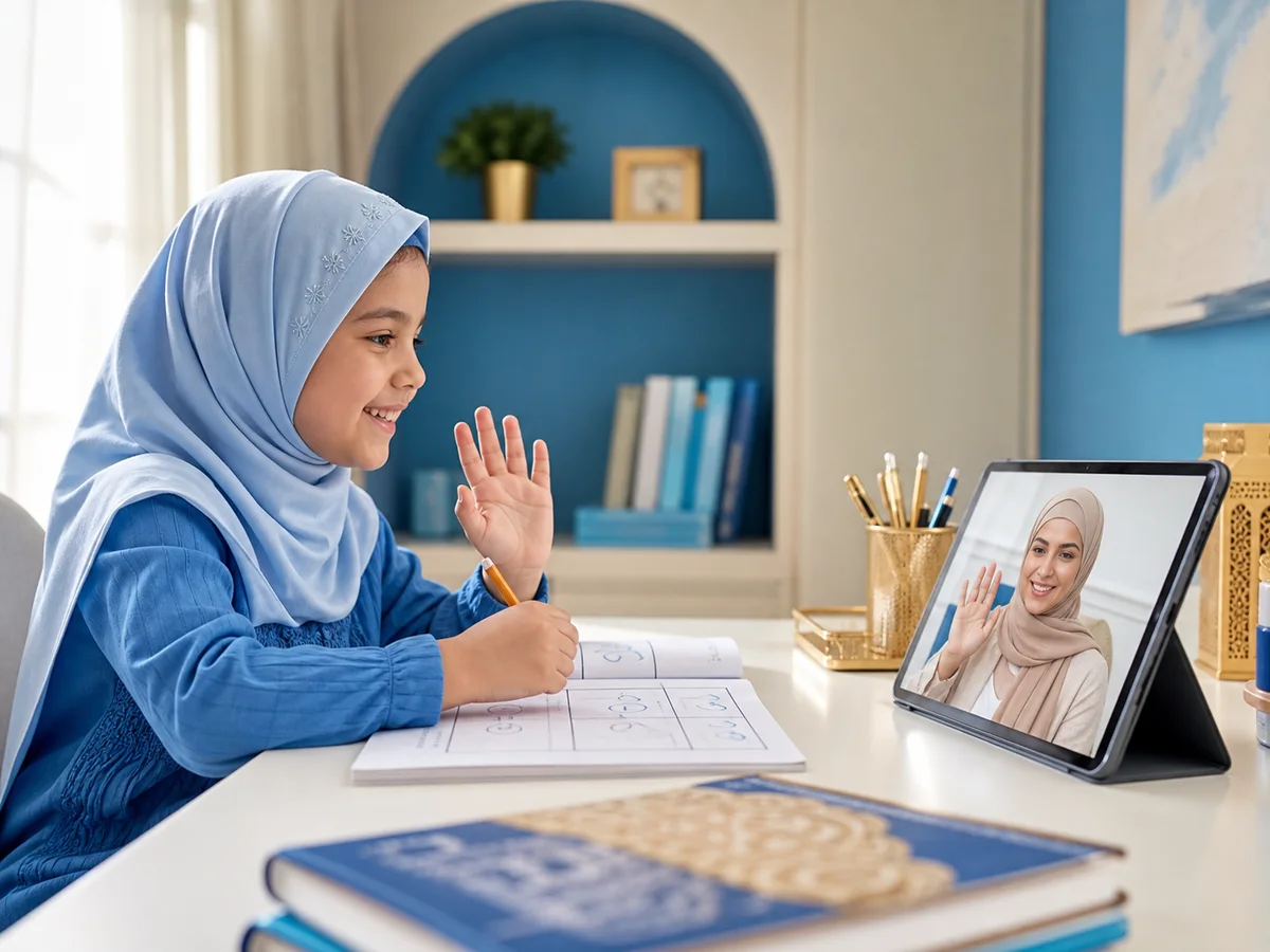 Young student learning Quran reading in a live online class