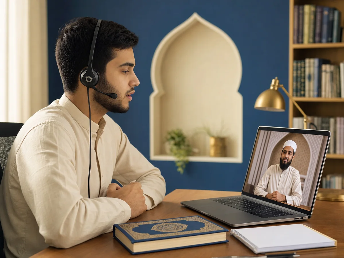 Student practicing Tajweed and Quran memorization with an online tutor