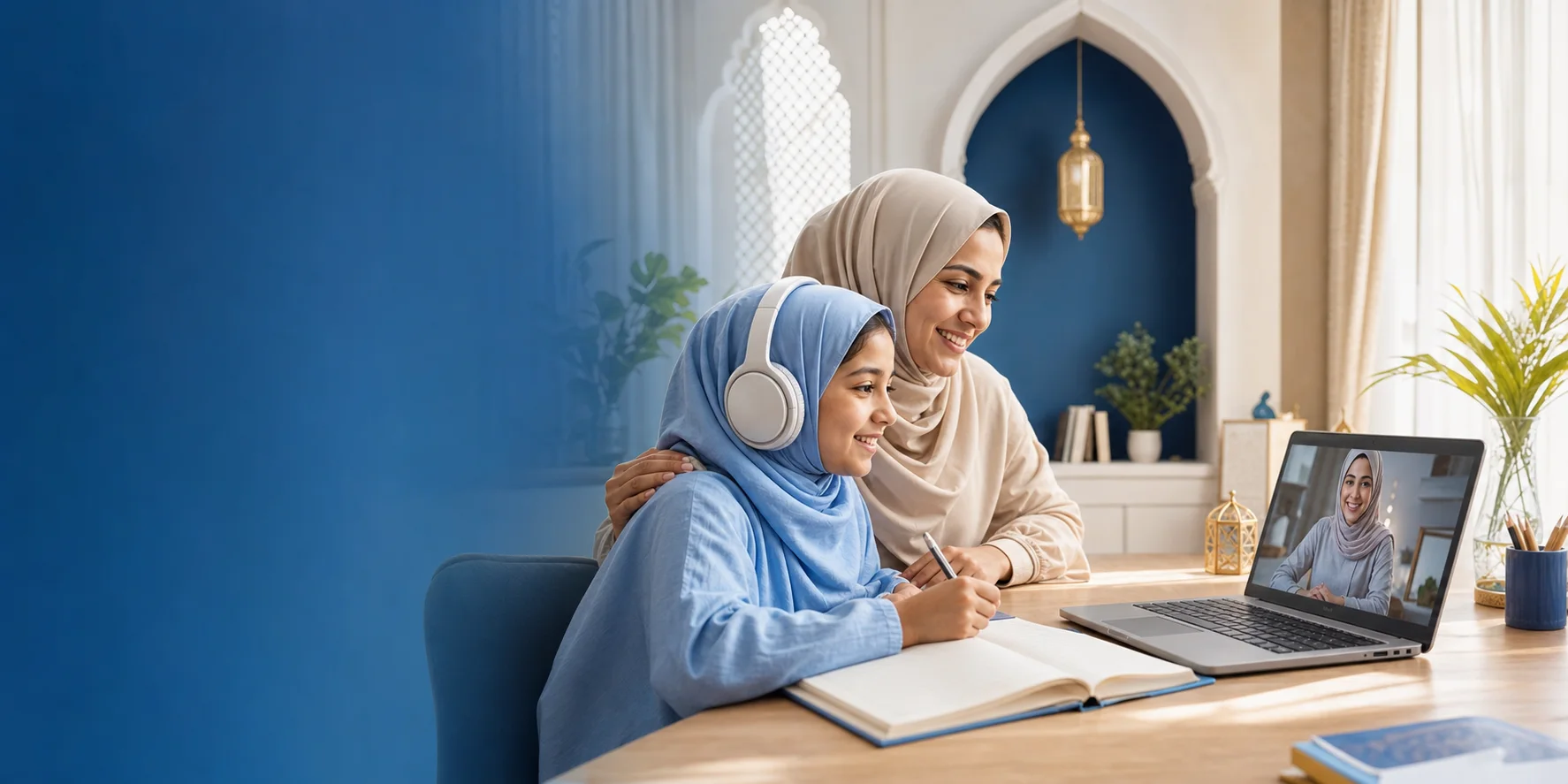 Mother supporting her daughter during a live online Quran lesson